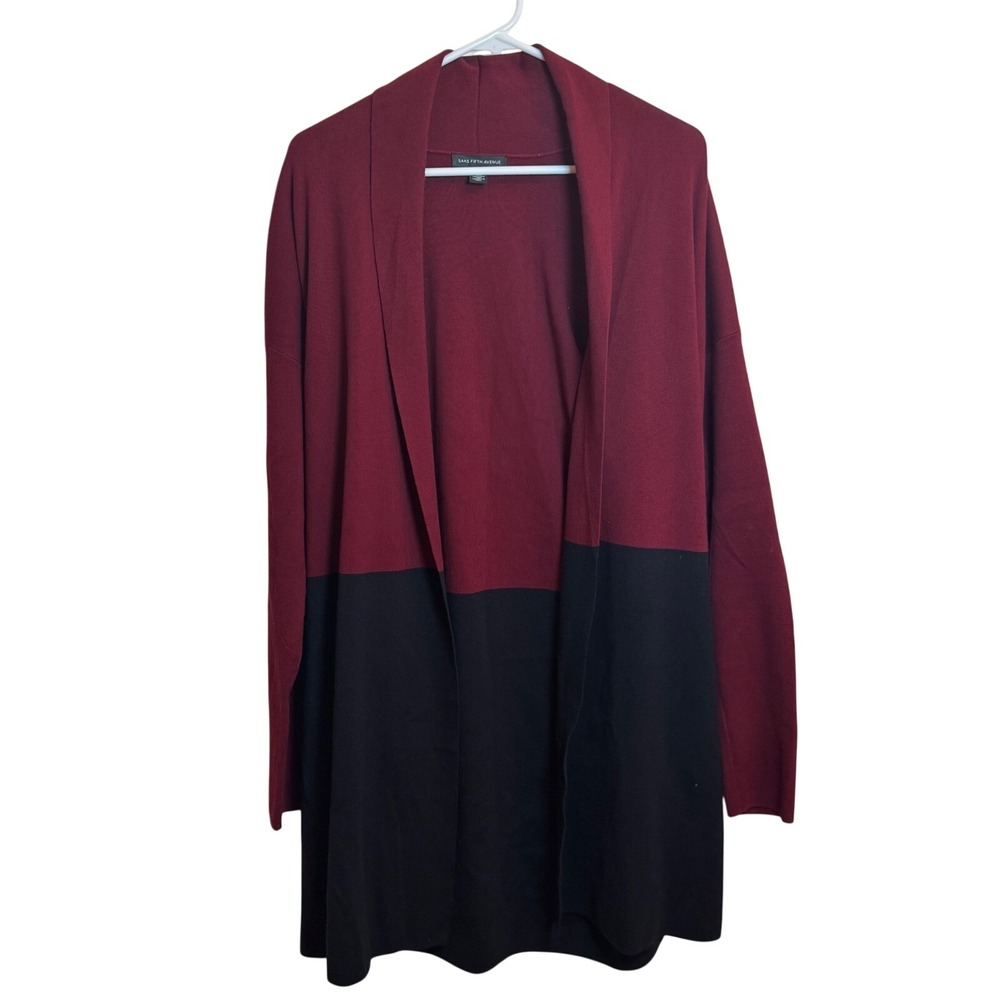 Saks Fifth Avenue Womens M Colorblock Cardigan Burgundy Black Duster Length